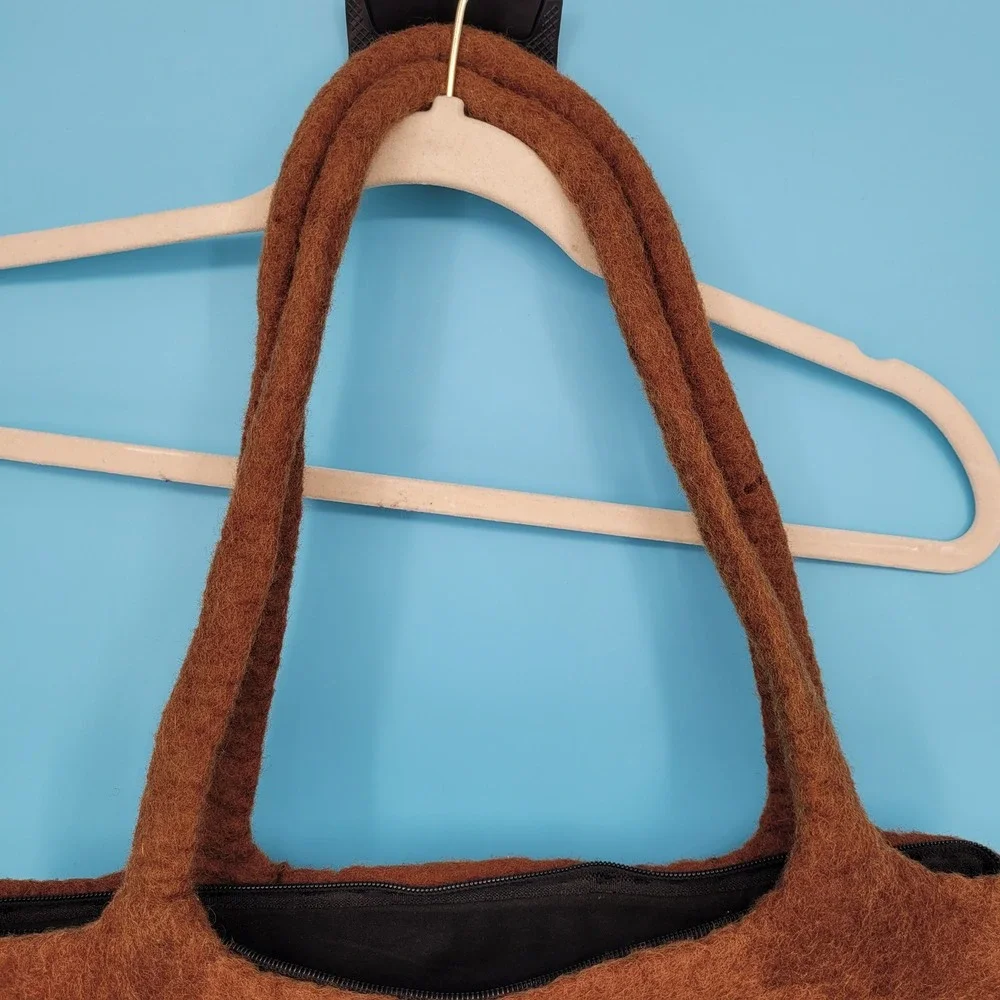 100% Wool Owl Tote Bag Womens Large Brown Boho Applique Handmade Nepal